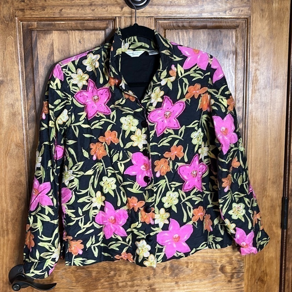 VINTAGE Laura Ashley Petite Silk Floral Blazer Jacket lightweight cropped sz S - Picture 5 of 16